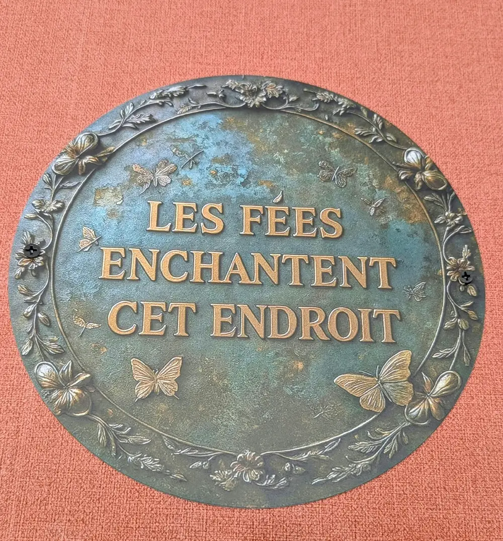 Plaque ronde « Les fées enchantent cet endroit », ornée de fleurs et de papillons dorés